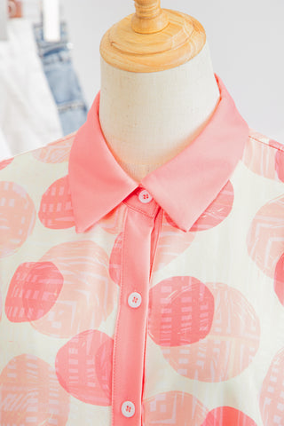 Pink Double Polka Dot Printed Ruffle Trim Short Sleeve Babydoll Shirt, Dear-Lover Dropshipping - A Blissfully Beautiful Boutique