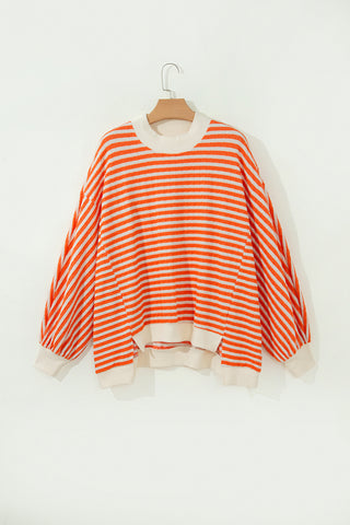 Orange Stripe Striped Textured Stand Neck Oversized Long Sleeve Top