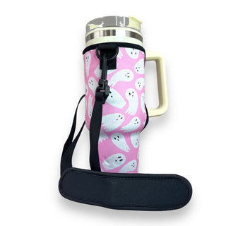 Pink Ghost 40oz Tumbler With Handle Sleeve, Drink Handlers - A Blissfully Beautiful Boutique