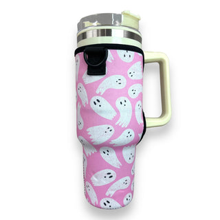 Pink Ghost 40oz Tumbler With Handle Sleeve, Drink Handlers - A Blissfully Beautiful Boutique