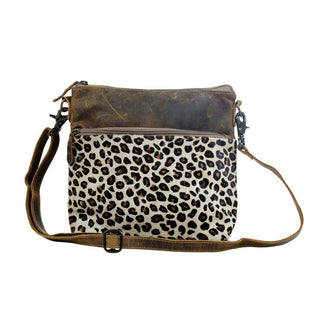 Myra Feline Hairon Leather Crossbody Bag Suede Finish, Leopard Print Front, Adjustable Strap for Everyday Chic, Myra USA - A Blissfully Beautiful Boutique