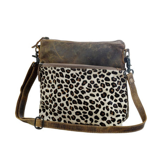 Myra Feline Hairon Leather Crossbody Bag Suede Finish, Leopard Print Front, Adjustable Strap for Everyday Chic, Myra USA - A Blissfully Beautiful Boutique