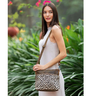 Myra Feline Hairon Leather Crossbody Bag Suede Finish, Leopard Print Front, Adjustable Strap for Everyday Chic, Myra USA - A Blissfully Beautiful Boutique