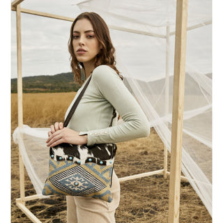 Myra Tufts Pattern Woven Hairon Crossbody â€“ Tribal Geometric Print with Leather Strap and Studded Accents, Myra USA - A Blissfully Beautiful Boutique