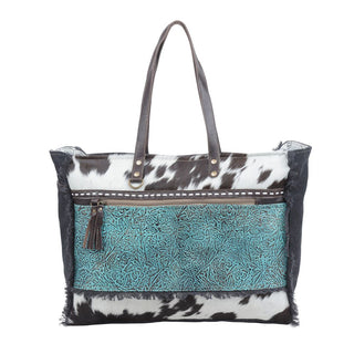 Myra Sea Grass Hair-On Leather Tote - Spacious Cowhide Bag with Embossed Front Pocket for Everyday Elegance, Myra USA - A Blissfully Beautiful Boutique
