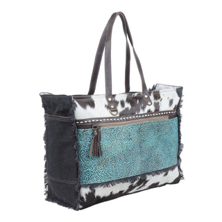 Myra Sea Grass Hair-On Leather Tote - Spacious Cowhide Bag with Embossed Front Pocket for Everyday Elegance, Myra USA - A Blissfully Beautiful Boutique