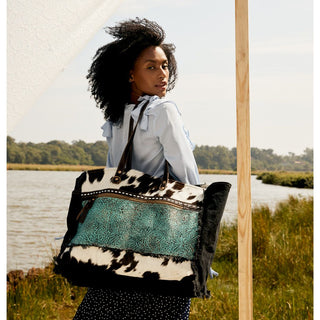 Myra Sea Grass Hair-On Leather Tote - Spacious Cowhide Bag with Embossed Front Pocket for Everyday Elegance, Myra USA - A Blissfully Beautiful Boutique