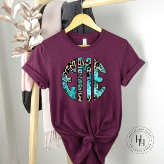 Turquoise Leopard Monogram Graphic Tee- Maroon Shirt, Merch Girls - A Blissfully Beautiful Boutique