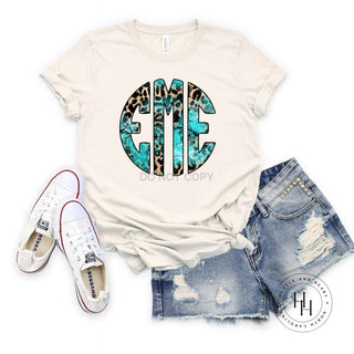 Turquoise Leopard Monogram Graphic Tee- Natural Shirt, Merch Girls - A Blissfully Beautiful Boutique