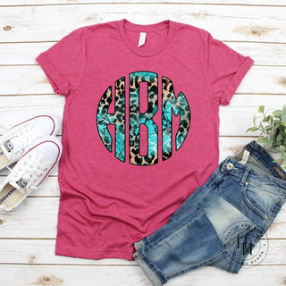 Turquoise Leopard Monogram Graphic Tee- Pink Shirt, Merch Girls - A Blissfully Beautiful Boutique