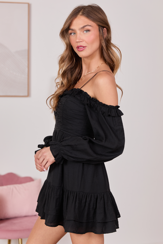 Kenzi Black Off The Shoulder Mini Dress, Pink Lily - A Blissfully Beautiful Boutique