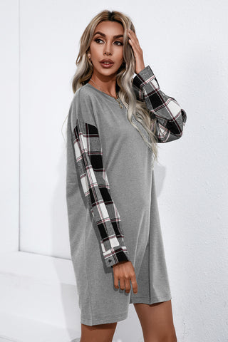 Contrast Plaid Sleeve Tee Dress, Trendsi - A Blissfully Beautiful Boutique