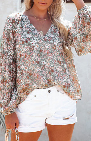 V-Neck Lantern Sleeve Curved Pendant Floral Print Chiffon Top, kakaclo - A Blissfully Beautiful Boutique