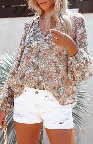 V-Neck Lantern Sleeve Curved Pendant Floral Print Chiffon Top, kakaclo - A Blissfully Beautiful Boutique