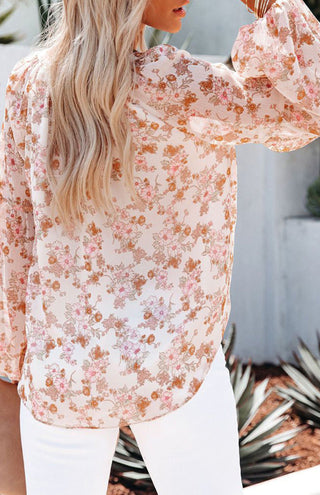 V-Neck Lantern Sleeve Curved Pendant Floral Print Chiffon Top, kakaclo - A Blissfully Beautiful Boutique