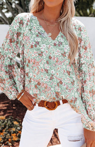 V-Neck Lantern Sleeve Curved Pendant Floral Print Chiffon Top, kakaclo - A Blissfully Beautiful Boutique