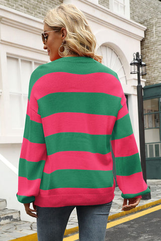 Striped Balloon Sleeve Knit Pullover, Trendsi - A Blissfully Beautiful Boutique