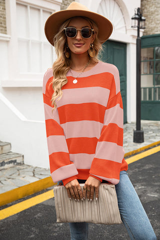 Striped Balloon Sleeve Knit Pullover, Trendsi - A Blissfully Beautiful Boutique