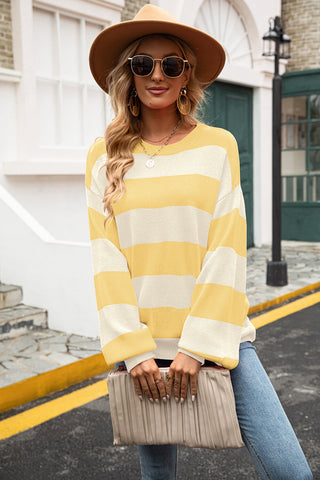 Striped Balloon Sleeve Knit Pullover, Trendsi - A Blissfully Beautiful Boutique
