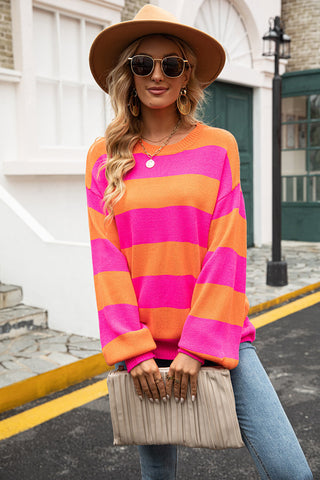 Striped Balloon Sleeve Knit Pullover, Trendsi - A Blissfully Beautiful Boutique