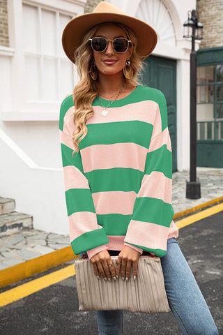 Striped Balloon Sleeve Knit Pullover, Trendsi - A Blissfully Beautiful Boutique