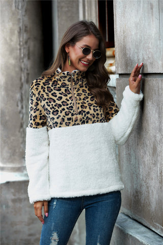 Leopard Color Block Half-Zip Collar Teddy Sweatshirt, Trendsi - A Blissfully Beautiful Boutique