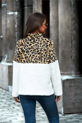 Leopard Color Block Half-Zip Collar Teddy Sweatshirt, Trendsi - A Blissfully Beautiful Boutique