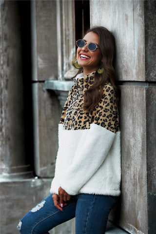 Leopard Color Block Half-Zip Collar Teddy Sweatshirt, Trendsi - A Blissfully Beautiful Boutique