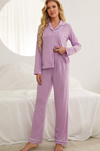 Contrast Piping Button Down Top and Pants Loungewear Set, Trendsi - A Blissfully Beautiful Boutique