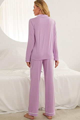 Contrast Piping Button Down Top and Pants Loungewear Set, Trendsi - A Blissfully Beautiful Boutique