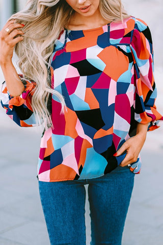 Color Block Crewneck Ruffled Puff Sleeve Blouse, SHEWIN INC. - A Blissfully Beautiful Boutique