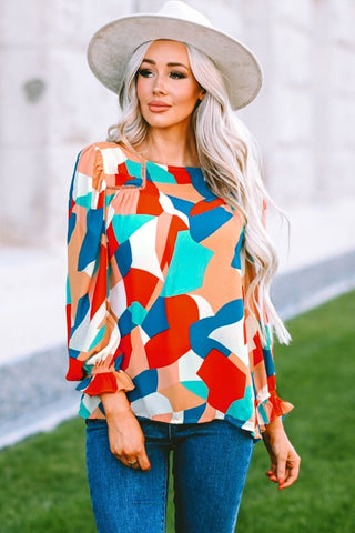 Color Block Crewneck Ruffled Puff Sleeve Blouse, SHEWIN INC. - A Blissfully Beautiful Boutique