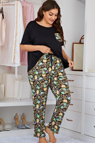 Plus Size Contrast Round Neck Tee and Floral Pants Lounge Set, Trendsi - A Blissfully Beautiful Boutique