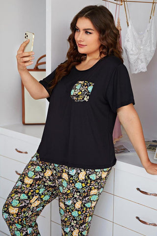 Plus Size Contrast Round Neck Tee and Floral Pants Lounge Set, Trendsi - A Blissfully Beautiful Boutique