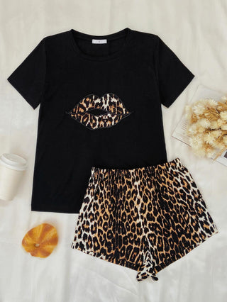 Leopard Lip Graphic Top and Shorts Lounge Set, Trendsi - A Blissfully Beautiful Boutique