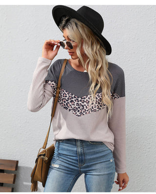 Women's leopard print stitching striped long-sleeved T-shirt, kakaclo - A Blissfully Beautiful Boutique