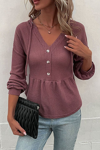 Waffle-Knit Buttoned Drop Shoulder Hoodie, Trendsi - A Blissfully Beautiful Boutique