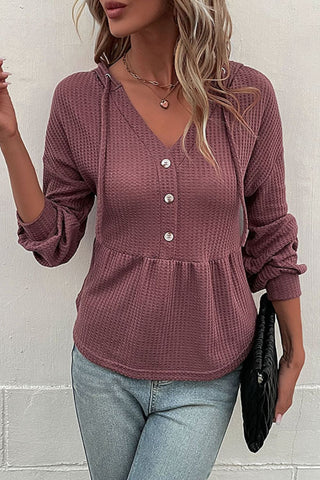 Waffle-Knit Buttoned Drop Shoulder Hoodie, Trendsi - A Blissfully Beautiful Boutique