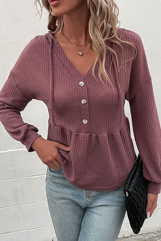 Waffle-Knit Buttoned Drop Shoulder Hoodie, Trendsi - A Blissfully Beautiful Boutique