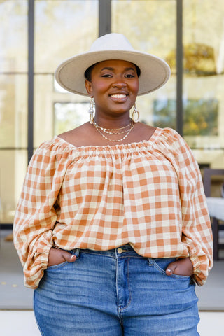 One Fine Afternoon Gingham Plaid Top In Caramel, Ave Shops - A Blissfully Beautiful Boutique