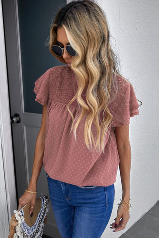 Polka Dot Smocked Flutter Sleeve Blouse, Trendsi - A Blissfully Beautiful Boutique
