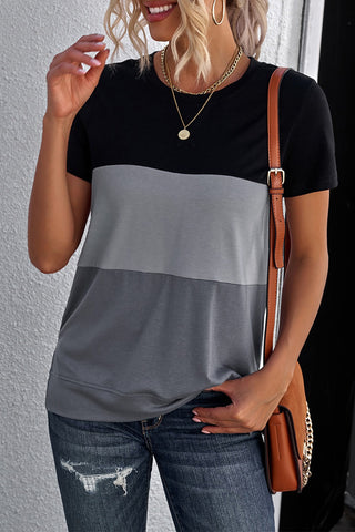 Color Block Side Slit Round Neck T-Shirt, Trendsi - A Blissfully Beautiful Boutique