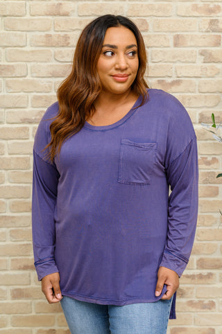 Long Sleeve Knit Top With Pocket In Denim Blue, Ave Shops - A Blissfully Beautiful Boutique