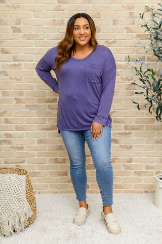 Long Sleeve Knit Top With Pocket In Denim Blue, Ave Shops - A Blissfully Beautiful Boutique