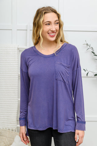 Long Sleeve Knit Top With Pocket In Denim Blue, Ave Shops - A Blissfully Beautiful Boutique