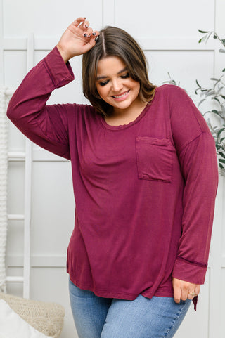 Long Sleeve Knit Top With Pocket In Burgundy, Ave Shops - A Blissfully Beautiful Boutique