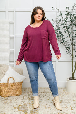 Long Sleeve Knit Top With Pocket In Burgundy, Ave Shops - A Blissfully Beautiful Boutique