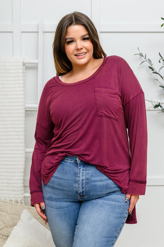 Long Sleeve Knit Top With Pocket In Burgundy, Ave Shops - A Blissfully Beautiful Boutique