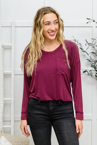 Long Sleeve Knit Top With Pocket In Burgundy, Ave Shops - A Blissfully Beautiful Boutique