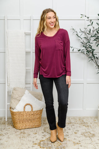 Long Sleeve Knit Top With Pocket In Burgundy, Ave Shops - A Blissfully Beautiful Boutique